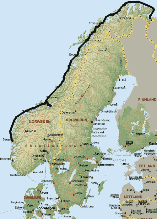 Karte von Norwegen mit Reiseroute