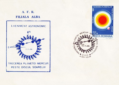 Der Sonderstempel verweist auf den Merkurdurchgang am 13.11.1986 – Rumänien, Mi. 3795